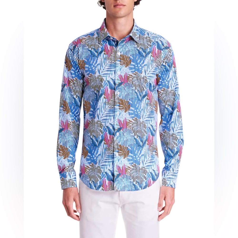 NWOT Bugatchi Classic Fit Striped Jungle-Print Sport Shirt
Size Small